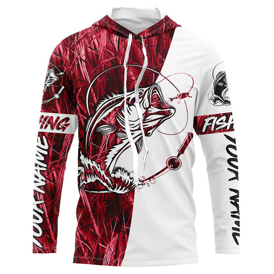 Maxcorners Custom Bass Fishing Tattoo Red Camo Long Sleeve Tournament Fishing Shirts, Bass Fishing Jerseys LM0201