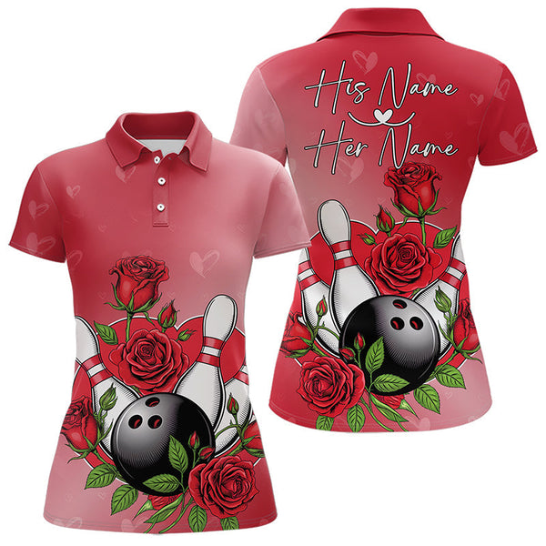 Maxcorners Custom Valentine Bowling Polo Shirts For Men, Bowling And Red Roses Couple Bowling Outfits