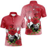 Maxcorners Custom Valentine Bowling Polo Shirts For Men, Bowling And Red Roses Couple Bowling Outfits