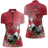 Maxcorners Custom Valentine Bowling Polo Shirts For Men, Bowling And Red Roses Couple Bowling Outfits