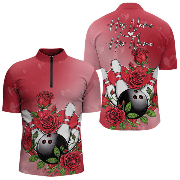 Maxcorners Custom Valentine Bowling Polo Shirts For Men, Bowling And Red Roses Couple Bowling Outfits