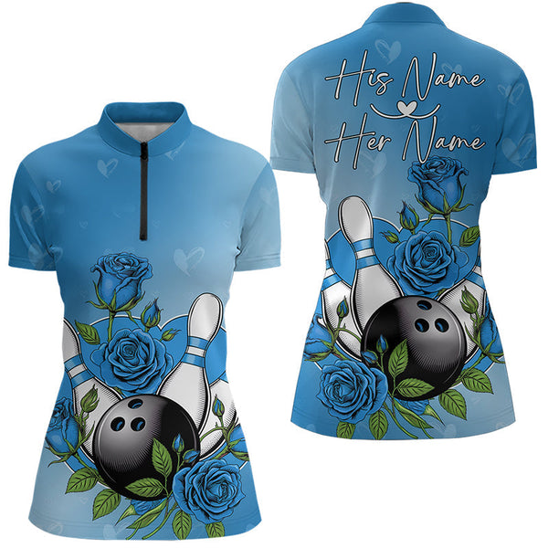 Maxcorners Custom Blue Valentine Bowling Polo Shirts For Men, Bowling And Roses Couple Bowling Outfits