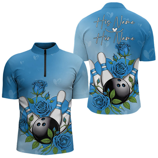 Maxcorners Custom Blue Valentine Bowling Polo Shirts For Men, Bowling And Roses Couple Bowling Outfits