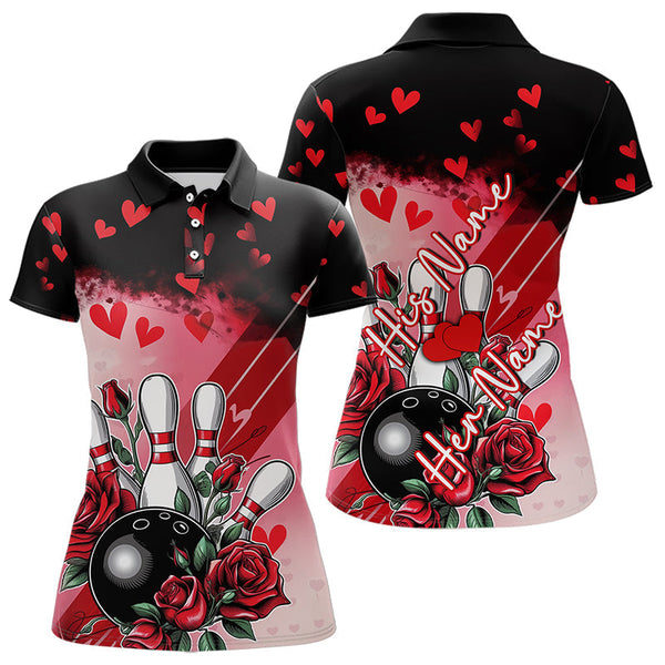 Maxcorners Custom Black And Red Heart Theme Valentine Bowling Polo Shirts For Men, Couple Bowling Shirt