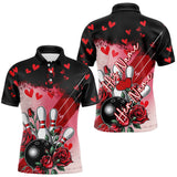 Maxcorners Custom Black And Red Heart Theme Valentine Bowling Polo Shirts For Men, Couple Bowling Shirt