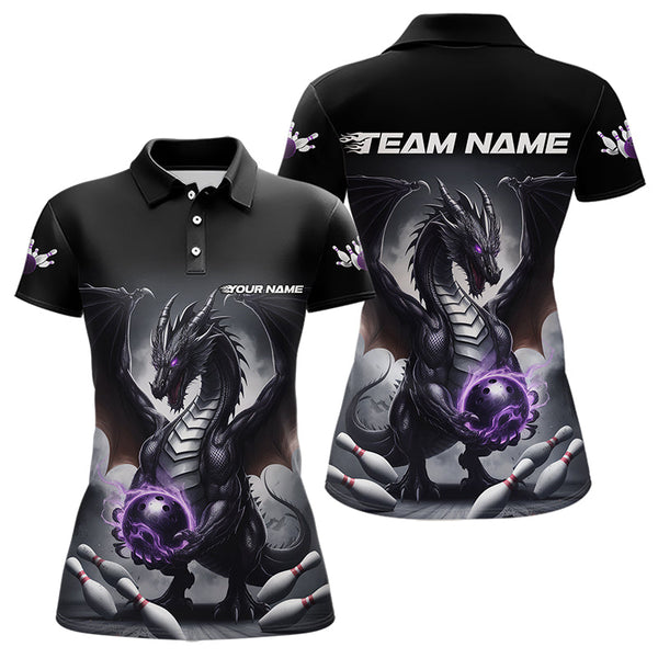 Maxcorners Custom Black And Purple Dragon Bowling Team Polo Shirts For Men, Dragon Bowling Jerseys