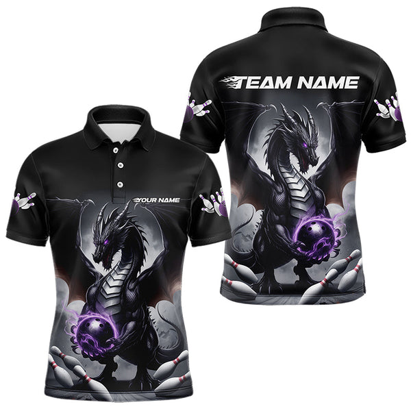 Maxcorners Custom Black And Purple Dragon Bowling Team Polo Shirts For Men, Dragon Bowling Jerseys
