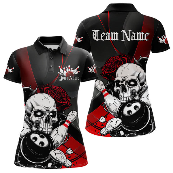 Maxcorners Custom Black And Red Roses Skull Bowling Team Polo Shirts For Men, Skull Bowling Jerseys LM113