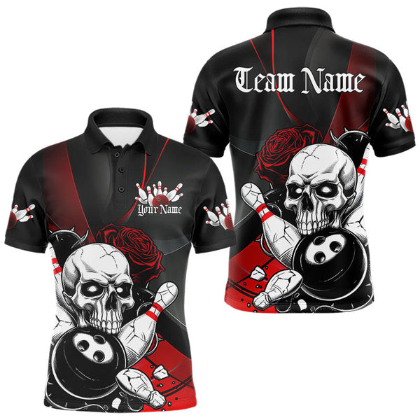 Maxcorners Custom Black And Red Roses Skull Bowling Team Polo Shirts For Men, Skull Bowling Jerseys LM113