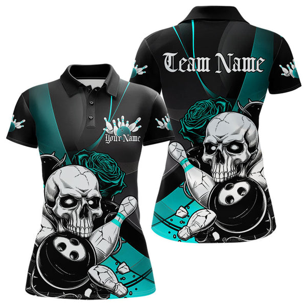 Maxcorners Custom Black And Cyan Roses Skull Bowling Team Polo Shirts For Men, Skull Bowling Jerseys LM113