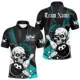 Maxcorners Custom Black And Cyan Roses Skull Bowling Team Polo Shirts For Men, Skull Bowling Jerseys LM113