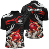 MaxCorners Bowling And Pin Red And Black Customized Name 3D Stand Collar Zipper Polo Shirt Unisex