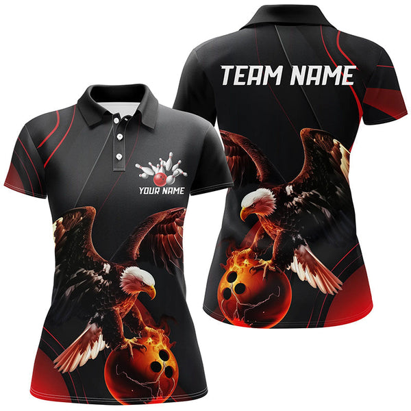 Maxcorners Bowling Ball And Pins Red Flame Eagle Customized Name, Team Anme 3D Polo Shirt