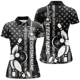 Maxcorners American Flag Black And White Custom Bowling Polo Shirts For Men, Patriotic Bowling Team Jerseys