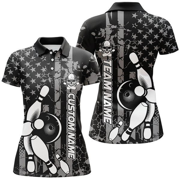 Maxcorners American Flag Black And White Custom Bowling Polo Shirts For Men, Patriotic Bowling Team Jerseys