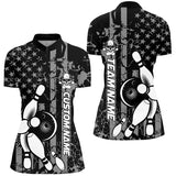 Maxcorners American Flag Black And White Custom Bowling Polo Shirts For Men, Patriotic Bowling Team Jerseys
