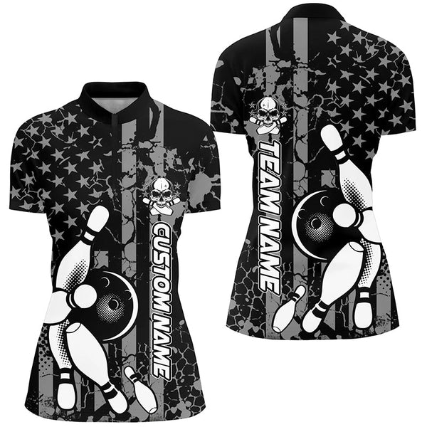 Maxcorners American Flag Black And White Custom Bowling Polo Shirts For Men, Patriotic Bowling Team Jerseys