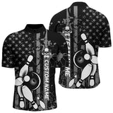 MaxCorners Bowling Ball And Pins American Flag Black And White Customized Name, Team Name 3D Stand Collar Zipper Polo Shirt