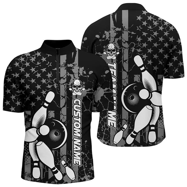 MaxCorners Bowling Ball And Pins American Flag Black And White Customized Name, Team Name 3D Stand Collar Zipper Polo Shirt