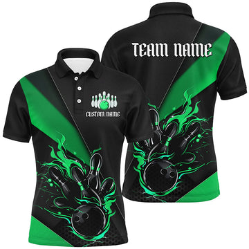Maxcorners Custom Name Fire Flame Bowling Team Shirts For Men, Women And Kids | Green LM0503
