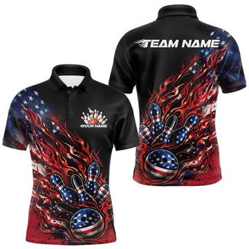 Maxcorners Custom Patriotic Flame Bowling Shirts, American US Flag Bowling Team Jerseys Freedom 4Th Of July Bowling Shirt 3 LM1501
