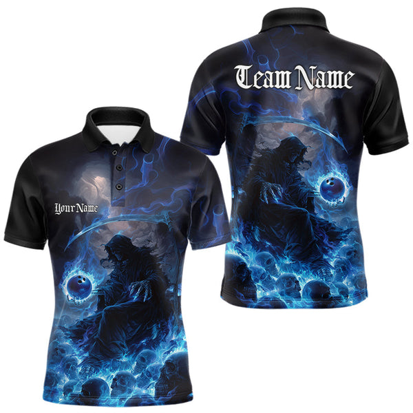 Maxcorners Custom Electric Blue Fire Grim Reaper Bowling Polo Shirts For Men, Halloween Bowling Shirt MT1007