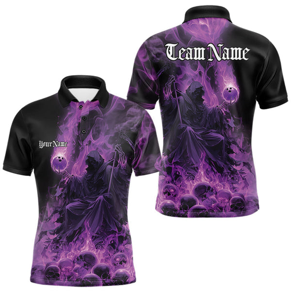 Maxcorners Custom Purple Flame Skull Bowling Polo Shirts, Purple Smoke Bowling Hallween  MT1007