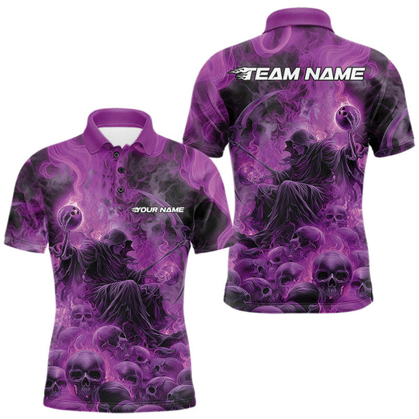 Maxcorners Custom Purple Flame Skull Bowling Polo Shirts, Purple Smoke Bowling Hallween Outfit MT1007