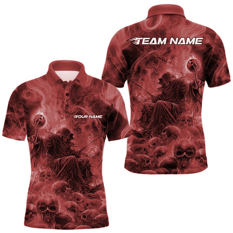 Maxcorners Custom Red Flame Skull Bowling Polo Shirts, Red Smoke Bowling Hallween Outfit MT1007
