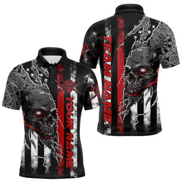 Maxcorners Custom Red Line American Flag Patriotic Skull Dart Men Polo Shirts, Halloween Dart Outfit LM1903
