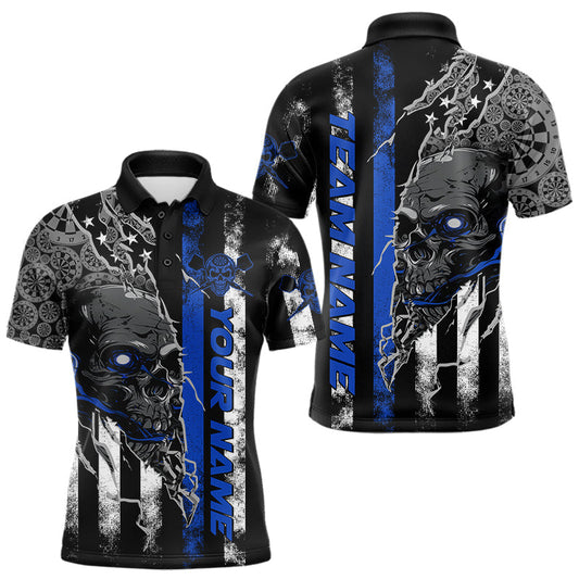 Maxcorners Custom Blue Line American Flag Patriotic Skull Dart Men Polo Shirts, Halloween Dart Outfit LM1903