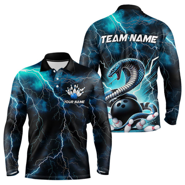 Maxcorners Blue Thunder Lightning Custom Cobra Snake Bowling Men Long Sleeve Polo Shirts, Bowling Team Shirt TU2908