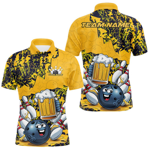Maxcorners Custom Funny Bowling Beer Men Polo Shirts, Yellow Camo Bowling Ball Pattern Bowling Jersey LM1109