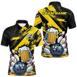 Maxcorners Custom Grunge Yellow Funny Bowling And Beer Polo Shirts For Men, Bowling Team Outfit LM1109