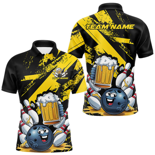 Maxcorners Custom Grunge Yellow Funny Bowling And Beer Polo Shirts For Men, Bowling Team Outfit LM1109