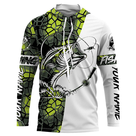 Maxcorners Largemouth Bass Fishing Custom Long Sleeve Shirts, Bass Tournament Fishing Jerseys | Green Camo LM0201