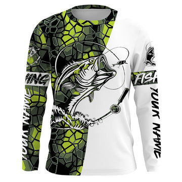 Maxcorners Largemouth Bass Fishing Custom Long Sleeve Shirts, Bass Tournament Fishing Jerseys | Green Camo LM0201