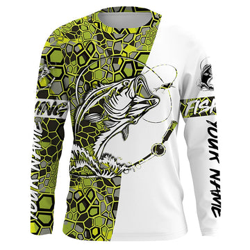 Maxcorners Largemouth Bass Fishing Custom Long Sleeve Shirts, Bass Tournament Fishing Jerseys | Green Camo LM0201