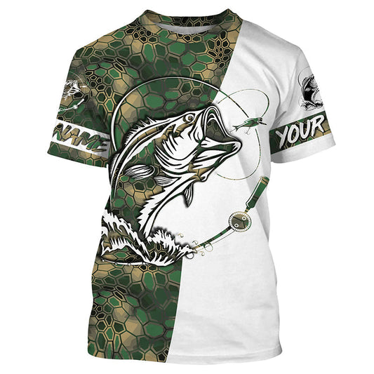 Maxcorners Largemouth Bass Fishing Custom Long Sleeve Shirts, Bass Tournament Fishing Jerseys | Green Camo LM0201
