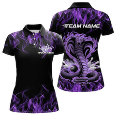 Maxcorners Custom Black And Purple Flame Cobra Snake Bowling Polo Shirts For Men, Bowling Team Uniform LM1102