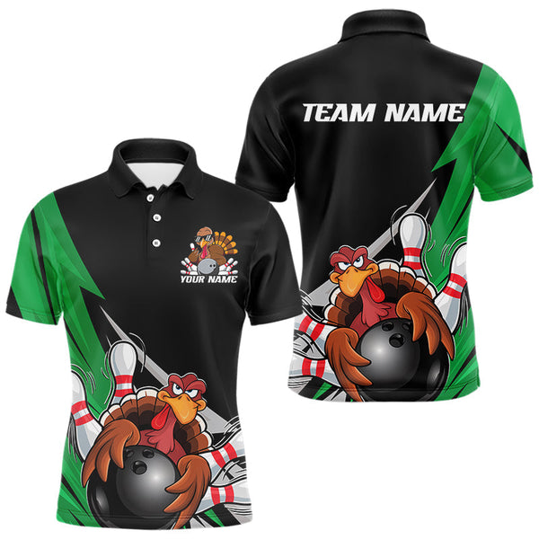 Maxcorners Black And Green Custom Funny Turkey Thanksgiving Bowling Team Polo Shirts For Men LM113