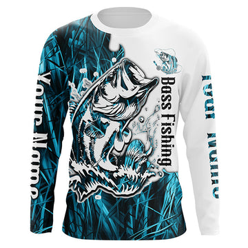 Maxcorners Custom Largemouth Bass Fishing Long Sleeve Tournament Shirts, Bass Fishing League Shirt | Blue Camo LM0201