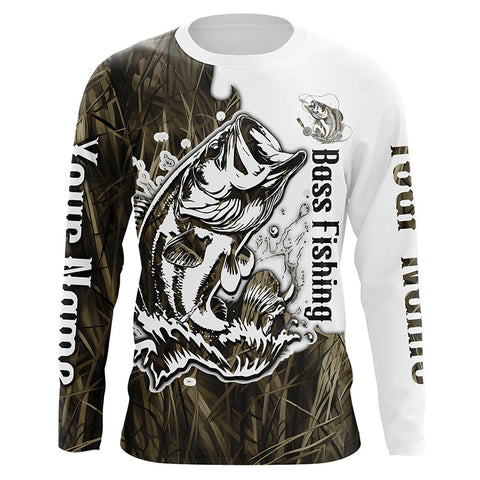 Maxcorners Custom Largemouth Bass Fishing Long Sleeve Tournament Shirts, Bass Fishing League Shirt | Grass Camo LM2408