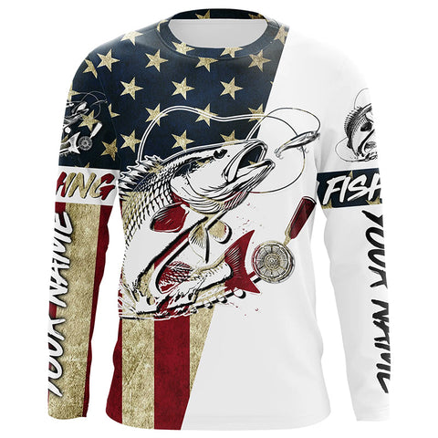 Maxcorners Vintage American Flag Custom Redfish Fishing Long Sleeve Shirts, Patriotic Redfish Fishing Jerseys LM2408