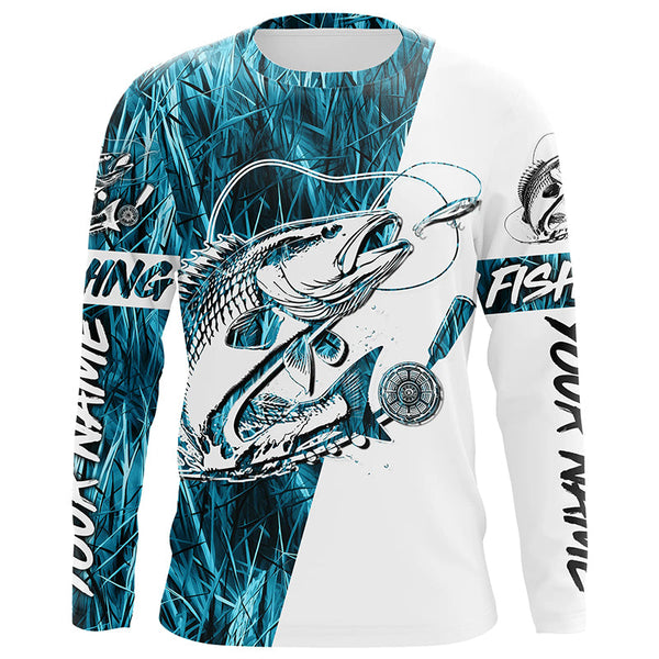 Maxcorners Redfish Fishing Custom Long Sleeve Performance Shirts, Saltwater Redfish Fishing Shirts | Blue Camo LM2408