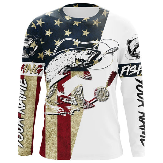 Maxcorners Vintage American Flag Custom Trout Fly Fishing Shirts, Patriotic Trout Fishing Jerseys LM0501