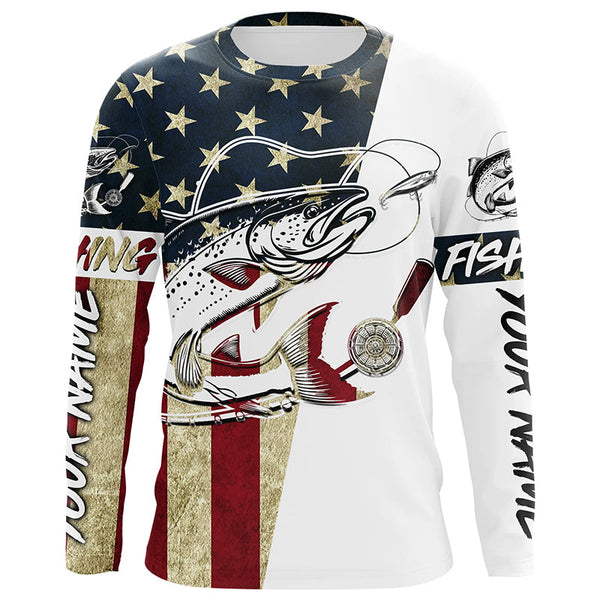 Maxcorners American Flag Custom Chinook Salmon Fishing Long Sleeve Shirts, Patriotic Salmon Fishing Jersey LM2408