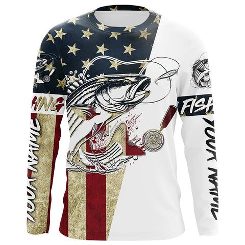 Maxcorners American Flag Custom Striped Bass Fishing Long Sleeve Shirts, Patriotic Stripper Fishing Jerseys LM2408