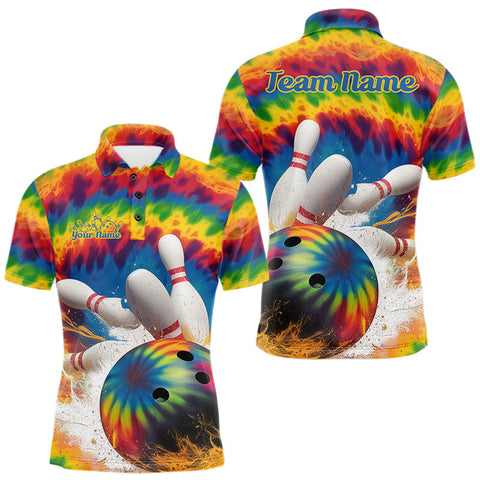 Maxcorners Custom Colorful Tie Dye Bowling Polo Shirts For Men, Rainbow Bowling Outfit