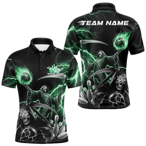 Maxcorners Custom Green Lightning Grim Reaper Skull Bowling Men Polo Shirt, Halloween Outfit LM1809